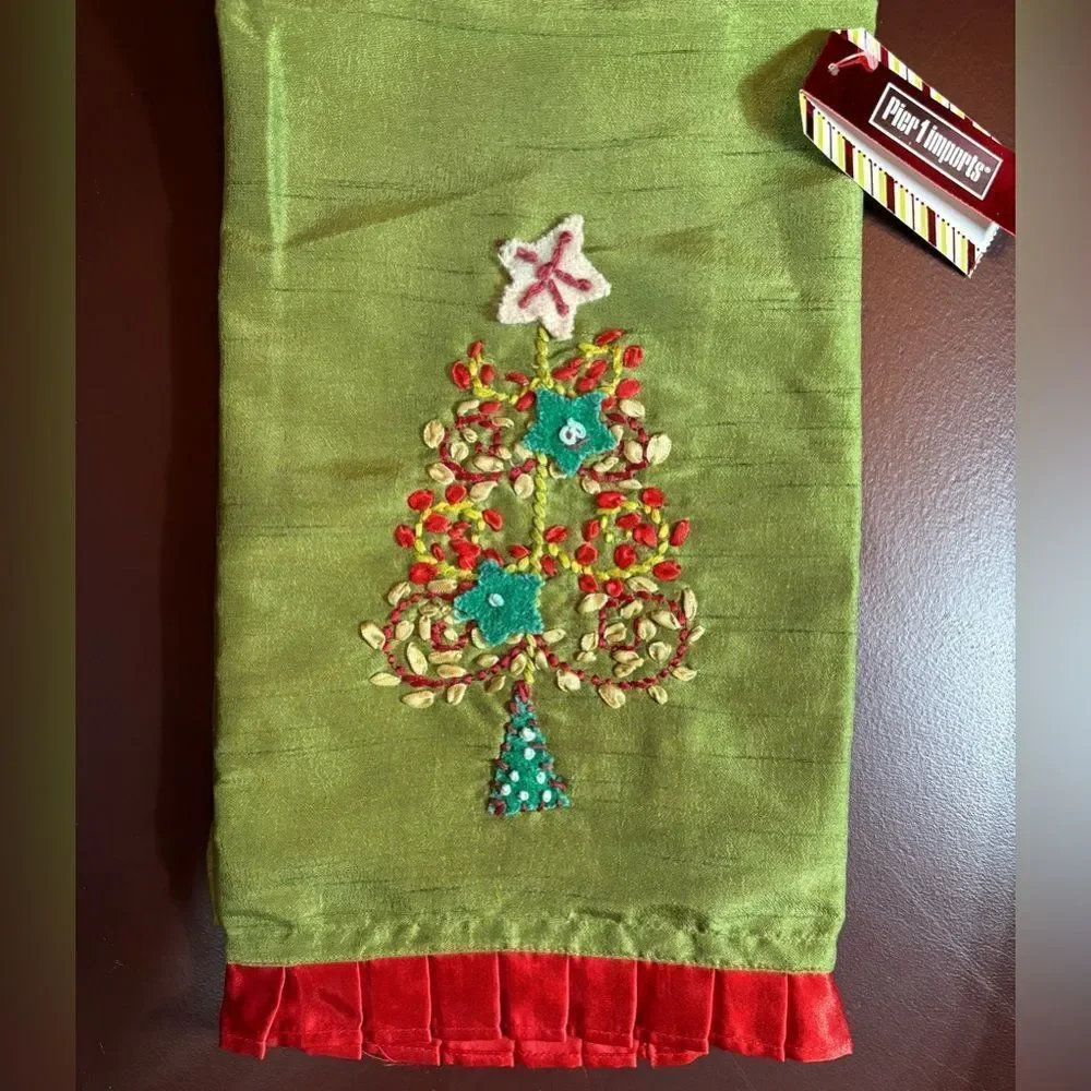 Pier One Imports Festive Green embellished Christmas Tree Tea Towel NWT